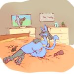  1:1 2021 3_toes anal_beads annoyed anthro anus balls bedroom bored butt buttplug dialogue digital_media_(artwork) dildo english_text feet genitals hi_res looking_at_porn looking_at_viewer looking_back looking_back_at_viewer lucario lying male mniampyra nintendo nude on_side pawpads paws pink_pawpads plug_(sex_toy) pok&eacute;mon pok&eacute;mon_(species) presenting presenting_anus sex_toy sketch solo solo_focus speech_bubble text toes video_games 