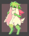  4:5 alistorial anthro breasts canid canine digital_media_(artwork) elia_(alistorial) featureless_breasts female fur green_body green_eyes green_fur hi_res legendary_pok&eacute;mon looking_at_viewer mammal nintendo paws pok&eacute;mon pok&eacute;mon_(species) shaymin simple_background sky_forme_shaymin solo video_games watermark white_body 