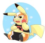  2018 3_toes bodily_fluids clothed clothing clothing_lift cosplay_pikachu_(costume) dipstick_ears feet half-closed_eyes male mask midriff multicolored_ears narrowed_eyes nintendo open_mouth pikachu pikachu_libre pok&eacute;mon pok&eacute;mon_(species) semi-anthro shirt shirt_lift sitting solo sweat tatu_wani_(artist) toes tongue topwear video_games yellow_body 