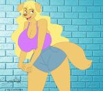  absurd_res anthro big_breasts bird_dog blonde_hair bottomwear breasts canid canine canis cleavage clothed clothing domestic_dog fan_character female golden_retriever hair hi_res hotpants huge_breasts hunting_dog mammal midriff_baring_shirt misscutietastic retriever shorts solo zoey_(sturk-fontaine) 