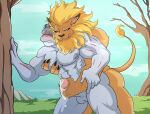  abs anal anal_orgasm anal_penetration balls bandai_namco beard blush bodily_fluids cum digimon digimon_(species) duo ear_piercing erection eyes_closed facial_hair fur genital_fluids genitals grass handjob leomon licking licking_lips machoke male male/male mane muscular nintendo nipples nude outside penetration penile penile_penetration penis penis_in_ass piercing plant pok&eacute;mon pok&eacute;mon_(species) raised_tail reach_around sex standing standing_sex tongue tongue_out traitmill tree video_games yellow_body yellow_fur 