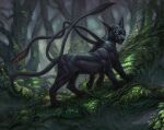  4_toes ambiguous_gender black_body black_fur black_pawpads blue_eyes digitigrade displacer_beast feet felid feline feral forest fur looking_at_viewer mammal muscular muscular_feral nukerooster pawpads plant quadruped shaded solo toes tree whiskers 