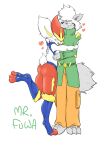  &lt;3 absurd_res anthro barefoot blue_body blue_fur blush butt canid canine canis cinderace clothing duo eyes_closed feet fur green_clothing grey_body grey_fur happy hi_res hug jacket lagomorph leporid male male/male mammal mr_fuwa nintendo paws pok&eacute;mon pok&eacute;mon_(species) rabbit raised_leg red_body red_fur simple_background smile tail_tuft thick_thighs topwear tuft video_games white_body white_fur wolf 