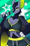  anthro blue_body bottled_water breasts capcom chiropteran claws cleavage clothed clothing dragon dress female flying_wyvern glowing glowing_eyes green_body green_eyes hi_res mammal monster_hunter nazaki-cain paolumu solo video_games water_bottle wings wyvern 