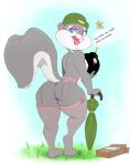  2021 animaniacs anthro blue_eyes buckteeth butt clothing dialogue female fur garter_belt garter_straps grass grey_body grey_fur hi_res legwear looking_at_viewer looking_back mammal mature_female mostly_nude open_mouth outside plant rear_view rodent sciurid slappy_squirrel smile solo spanish_text teeth text thick_thighs thigh_highs tongue translated tree_squirrel usnarbit warner_brothers 