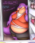  2021 anthro anthro_focus belly bottomwear breasts claws clothed clothing cobra countershade_face countershade_torso countershading dialogue duo english_text eyelashes fangs female female_focus fridge hi_res inside keeshee long_neck midriff obese obese_anthro obese_female offscreen_character open_mouth overweight overweight_anthro overweight_female pants purple_body purple_scales reptile sagging_breasts scales scalie shirt smile snake snake_hood solo_focus speech_bubble talking_to_another text tongue topwear wenisberry yellow_eyes 