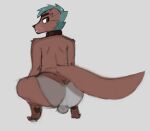  2021 anthro big_butt brown_body brown_eyes brown_fur bulge butt canid canine canis collar digital_drawing_(artwork) digital_media_(artwork) domestic_dog fur knotsicle_(oc) lazer001 looking_at_viewer looking_back male mammal solo wide_hips 