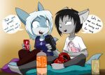  2018 anthro black_hair blue_body blue_eyes blue_scales bottle breasts controller cyana_(code-blocker) dialogue digital_media_(artwork) domestic_cat duo english_text feet felid feline felis female fish fur grey_body grey_fur hair male mammal marine multicolored_body multicolored_scales pillow remote_control sandwich-anomaly scales scar shark sharp_teeth simple_background simple_eyes sitting smile snacks teeth text toes tongue van_(sandwich-anomaly) white_body white_hair white_scales 