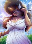  absurd_res ardail blue_eyes bovid bovine breasts brown_hair cattle cleavage clothed clothing dress female hair hat headgear headwear hi_res horn jewelry long_hair mammal mocha_latte necklace portrait solo summer_hat wide_brim_hat 