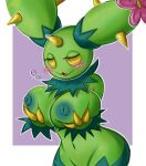  blush breasts elemental_creature female feral flora_fauna green_body hand_on_breast hi_res maractus navel nintendo nipples plant pok&eacute;mon pok&eacute;mon_(species) requestrf simple_background solo spikes video_games yellow_eyes 