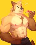  abs anthro biceps bottomwear bread breakfast canid canine canis cilok clothing domestic_dog eyes_closed food fur hi_res jelly_(food) male mammal muscular muscular_anthro muscular_male nipples pecs simple_background solo toast 