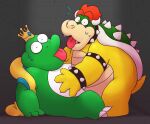  2021 amphibian anthro belly bodily_fluids bowser crown duo frog green_body koopa leonthelionel male male/male mario_bros nintendo overweight overweight_male scalie sitting surprise sweat tongue tongue_out video_games wart_(mario) white_body 