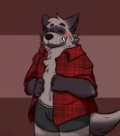  2021 anthro blush clothed clothing dave_(password) eyes_closed hi_res humanoid_hands hyaenid male mammal open_clothing open_shirt open_topwear orbitpaws password_(visual_novel) shirt slightly_chubby solo striped_hyena topwear underwear video_games visual_novel 
