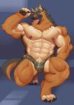  abs absurd_res adios anthro barefoot biceps bottomwear canid canine canis clothing detailed_background domestic_dog feet fur german_shepherd headgear headwear herding_dog hi_res male mammal muscular muscular_anthro muscular_male nipples pastoral_dog pecs solo toes tongue tongue_out wristband 
