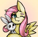  2021 angel_(mlp) blue_eyes blush duo equid equine feathered_wings feathers female feral fluttershy_(mlp) friendship_is_magic hair hasbro hi_res kyouman lagomorph leporid long_hair mammal my_little_pony one_eye_closed pegasus pink_hair quadruped rabbit white_body wings yellow_body yellow_feathers yellow_wings 