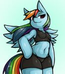  2021 anthro biped blue_body blue_feathers blue_wings bra breasts clothing equid equine feathered_wings feathers female friendship_is_magic front_view hair hasbro hi_res hooves kyouman mammal midriff multicolored_hair my_little_pony pegasus purple_eyes rainbow_dash_(mlp) rainbow_hair solo spats sports_bra standing underwear wings 