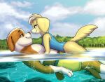  2021 aged_up anthro anthrofied beach bird_dog blue_eyes breasts brown_eyes bulldog canid canine canis clothing cloud diacordst domestic_dog duo ella_(paw_patrol) embrace eye_contact female floating golden_retriever hair hi_res hunting_dog looking_at_another male male/female mammal mastiff molosser one-piece_swimsuit outside partially_submerged paw_patrol plant retriever romantic romantic_ambiance romantic_couple rubble_(paw_patrol) seaside sky smile swimwear teeth tree water 