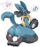  ! 2021 3_fingers 3_toes ? absurd_res anthro black_body black_fur blue_body blue_fur blush bodily_fluids butt chest_spike claws eyelashes feet fingers fur gender_symbol girly hand_spike hi_res kneeling looking_at_viewer looking_back looking_back_at_viewer lucario male multicolored_body multicolored_fur neck_tuft nintendo nude pawpads pink_pawpads pok&eacute;mon pok&eacute;mon_(species) raised_tail rear_view red_eyes signature simple_background smile solo speech_bubble spikes spikes_(anatomy) suddenhack sweat symbol toe_claws toes tuft unseen_character video_games white_background yellow_body yellow_fur ♀ ♂ 