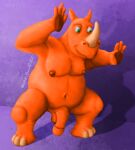  2021 anthro arms_above_head balls belly crouching genitals hi_res hooves horn looking_away male mammal moobs navel nipples nude nude_male orange_body overweight overweight_anthro overweight_male penis pose rhinocerotoid shaded_background shaded_color simple_background smile solo sumo thick_arms thick_thighs toony wonton_(wontonrhino) wontonrhino 
