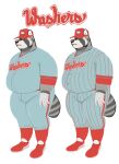  2021 anthro baseball_(sport) baseball_cap baseball_uniform belly bottomwear clothing fur grey_body grey_fur hat headgear headwear hi_res humanoid_hands male mammal overweight overweight_male pants procyonid raccoon shirt simple_background solo sport sportswear text topwear uniform white_background yasano_(artist) 