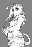  &lt;3 2021 anthro black_nose bottomwear breasts clothed clothing digital_media_(artwork) dipstick_tail female fully_clothed hair herpestid holding_tail hoodie long_hair looking_at_viewer mammal maya_(tasanko) meerkat monochrome multicolored_tail shorts sketch smile solo tasanko thick_thighs topwear 