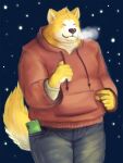  2020 3:4 anthro black_nose blush bottomwear brown_body brown_fur canid canine canis cellphone clothing domestic_dog eyes_closed fur hoodie humanoid_hands kemono male mammal meguru_salmon outside overweight overweight_male pants phone shiba_inu smartphone snow snowing solo spitz topwear 