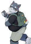  2021 anthro backpack belly bottomwear bulge butt canid canine canis cellphone clothing domestic_dog eyewear gattatta glasses headphones hi_res humanoid_hands kemono listening_to_music male mammal overweight overweight_male phone shirt shorts simple_background smartphone solo topwear white_background 