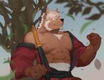  abs anthro canid canine canis chest_tuft clothed clothing detailed_background digital_media_(artwork) facial_hair fur male mammal muscular muscular_anthro muscular_male nipples outside plant solo tuft wolf young.ger 