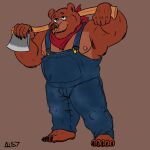  1:1 2020 allovic87 anthro axe brown_body brown_fur clothing fur hi_res humanoid_hands little_bear male mammal melee_weapon musclegut nipples overalls solo uncle_rusty_(little_bear) ursid weapon 