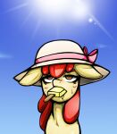  2021 apple_bloom_(mlp) clothing dessert ears_down earth_pony equid equine female feral food friendship_is_magic hair hasbro hat headgear headwear hi_res horse ice_cream kyouman mammal my_little_pony object_in_mouth orange_eyes pivoted_ears pony quadruped red_hair sky solo yellow_body 