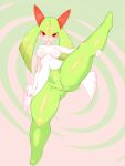  3:4 blush breasts female genitals hand_on_leg hi_res humanoid kirlia looking_at_viewer nintendo not_furry nude omenyanozero pok&eacute;mon pok&eacute;mon_(species) pussy raised_leg simple_background small_breasts solo spread_legs spreading video_games 
