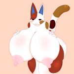  1:1 animal_crossing anthro bent_over big_breasts blush breasts domestic_cat felid feline felis female hand_on_breast hi_res huge_breasts huge_nipples hyper hyper_breasts mammal nintendo nude omenyanozero presenting presenting_breasts purrl_(animal_crossing) simple_background smile solo video_games 