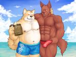  4:3 alcohol balls_outline barazoku beer belly beverage blush brown_body brown_fur bulge canid canine canis clothing detailed_bulge domestic_dog duo fur genital_outline hi_res hug humanoid_hands kemono male male/male mammal meguru_salmon moobs muscular muscular_male navel nipples outside overweight overweight_male penis_outline swimwear water 