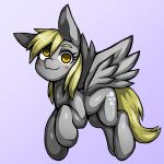  1:1 2021 blonde_hair cutie_mark derpy_hooves_(mlp) equid equine feathered_wings feathers female feral friendship_is_magic gradient_background grey_body grey_feathers grey_wings hair hasbro hi_res hooves kyouman mammal my_little_pony pegasus quadruped side_view simple_background smile solo wings yellow_eyes 