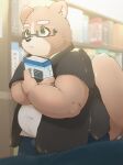  10_cosmo_24 2021 anthro belly book bottomwear brown_body brown_fur brown_nose clothing detailed_background eyewear fur glasses hi_res humanoid_hands kemono male mammal overweight overweight_male pants shirt solo topwear 