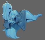 2021 ahoge baggy_clothing barefoot big_breasts blue_body blue_hair bottomless breasts clothed clothing eyelashes feet female ghost grey_background hair hair_over_eye hi_res humanoid long_hair lying mila_(spikedmauler) not_furry off_shoulder on_side one_eye_obstructed open_mouth oversized_shirt signature simple_background solo spikedmauler spirit thick_thighs wide_hips 
