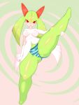  3:4 blush bottomwear breasts camel_toe clothed clothing female hand_on_leg hi_res humanoid kirlia looking_at_viewer nintendo not_furry omenyanozero panties pattern_bottomwear pattern_clothing pattern_panties pattern_underwear pok&eacute;mon pok&eacute;mon_(species) raised_leg simple_background small_breasts solo spread_legs spreading striped_bottomwear striped_clothing striped_panties striped_underwear stripes topless underwear video_games 