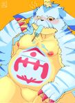  2021 anthro bandai_namco belly black_nose blue_body blush digimon digimon_(species) dragon_night800 eating food gabumon hi_res humanoid_hands kemono male moobs nipples overweight overweight_male popsicle simple_background sitting solo yellow_background yellow_body 