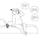  2016 anthro bed belly bernielover canid canine dialogue disney english_text fox furniture genitals gideon_grey male mammal monochrome penis pillow sitting slightly_chubby solo text zootopia 