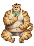  2021 3:4 anthro belly bodily_fluids bulge clothing eyes_closed felid hi_res humanoid_hands kemono male mammal meguru_salmon navel overweight overweight_male pantherine simple_background sitting solo sweat tiger underwear white_background 
