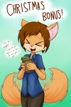  2017 anthro brown_body brown_fur brown_hair canid canine canis coyote dennis_(sandwich-anomaly) dialogue digital_media_(artwork) english_text eyes_closed fingers fur hair male mammal money multicolored_body multicolored_fur sandwich-anomaly simple_background smile solo standing tailwag tan_body tan_fur teal_background text tongue 