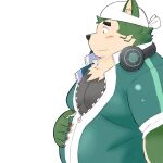  1:1 2021 anthro blush canid canine canis clothing domestic_dog fur green_body green_fur headphones headphones_around_neck hi_res humanoid_hands kemono live-a-hero male mammal mokdai overweight overweight_male shirt simple_background solo topwear video_games white_background yaki_atsuage 