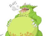  abdominal_bulge after_vore ambiguous_gender anthro belly big_belly black_spots brown_spots burping canson claws duo green_belly green_body green_skin horn male obese open_mouth overweight simple_background spots teeth toad_(disambiguation) vore white_background yellow_eyes 