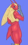  anthro avian blaziken blonde_hair blue_eyes butt f_draws feathers female hair hi_res looking_at_viewer muscular muscular_female muscular_thighs nintendo nude pok&eacute;mon pok&eacute;mon_(species) red_body red_feathers simple_background smile solo tail_feathers video_games yellow_sclera 