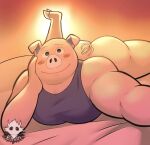 animal_crossing anthro bedding biceps blush bottomless butt clothed clothing curled_tail curly_(animal_crossing) domestic_pig elfein floppy_ears hi_res hooves looking_at_viewer lying male mammal muscular muscular_anthro muscular_male nintendo on_front partially_clothed pink_body shirt smile snout solo suid suina sus_(pig) tank_top topwear video_games 