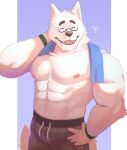  abs anthro biceps bottomwear canid canine canis cilok clothing digital_media_(artwork) eyewear fur glasses hi_res male mammal muscular muscular_anthro muscular_male nipples pecs simple_background solo white_body white_fur wolf wristband 