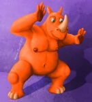  2021 anthro arms_above_head belly crouching featureless_crotch hi_res hooves horn looking_away male mammal moobs navel nipples nude nude_male orange_body overweight overweight_anthro overweight_male pose rhinocerotoid shaded_background shaded_color simple_background smile solo sumo thick_arms thick_thighs toony wonton_(wontonrhino) wontonrhino 