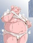  2021 anthro belly blush bulge clothing domestic_pig humanoid_hands kemono male mammal moobs navel nipples overweight overweight_male pink_body pink_nipples pink_nose raining shirt solo suid suina sus_(pig) takagi_kyou topwear wet 
