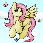  1:1 2021 ambient_arthropod ambient_butterfly ambient_insect arthropod butterfly cutie_mark equid equine feathered_wings feathers female feral fluttershy_(mlp) flying friendship_is_magic green_eyes hasbro hi_res hooves insect kyouman lepidopteran mammal my_little_pony outside pegasus quadruped sky smile solo wings yellow_body yellow_feathers yellow_wings 