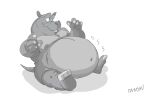  abdominal_bulge anthro belly big_belly canson claws grey_belly grey_body grey_skin hippopotamid looking_down male mammal obese overweight rumbling_stomach simple_background sitting solo white_background 